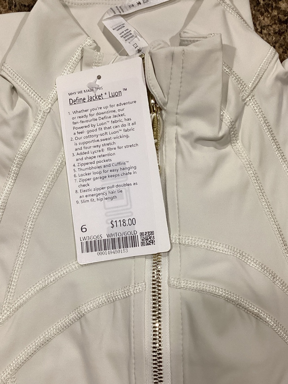 lululemon athletica White Define Jacket with Gold Zipper